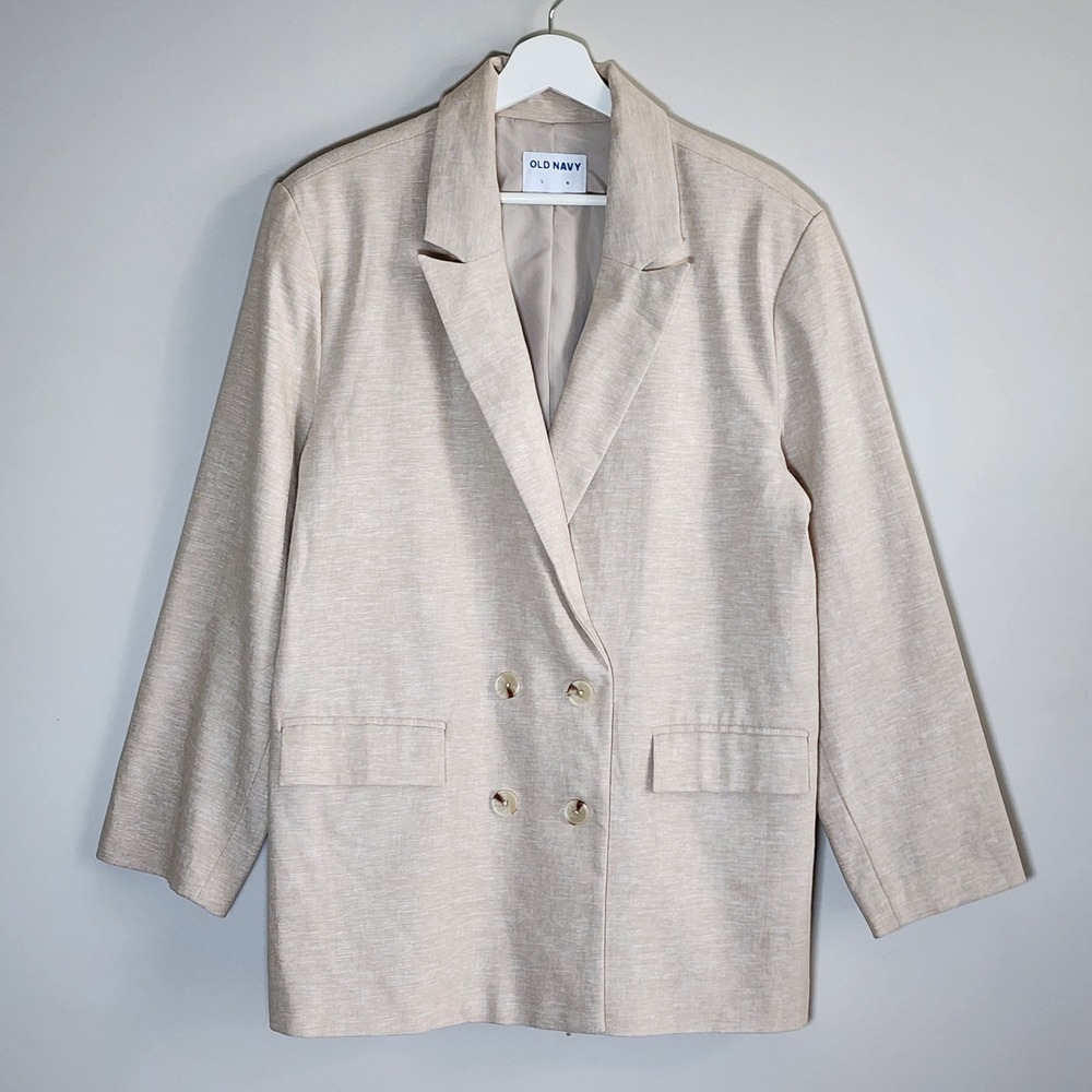 Double Breasted Linen Blend Blazer Mens Large Beige Vacation Resort Old Money
